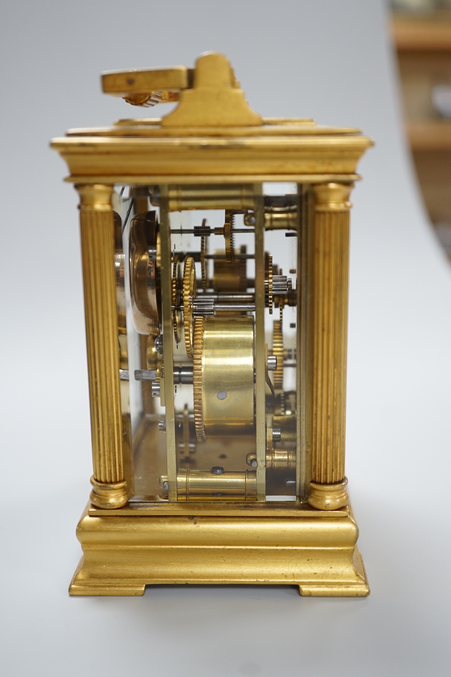 A 19th century French brass eight day carriage clock with alarm,. 12cm tall
